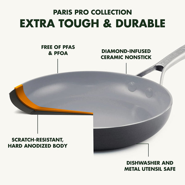 GreenPan Paris Pro Hard Anodized Healthy Ceramic Nonstick, 11" Everyday Frying Pan Skillet with 2 Handles and Stainless Steel Lid, PFAS-Free, Dishwasher Safe, Grey