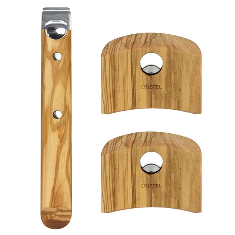 CRISTEL, Set of Detachable Handle includes 1 handle + 2 side handles, Olive Wood, Stainless Steel Mechanism, Casteline collection