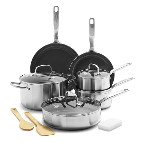 GreenPan Chatham Tri-Ply 12 Piece Cookware Pots and Pans, Silver