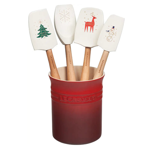 Le Creuset N/A Noel Collection: Craft Series 5-Piece Utensil Set with Crock - White w/ Applique Designs