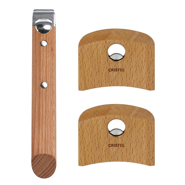 CRISTEL, Set of Detachable Handle includes 1 handle + 2 side handles, Beech Wood, Stainless Steel Mechanism, Casteline collection