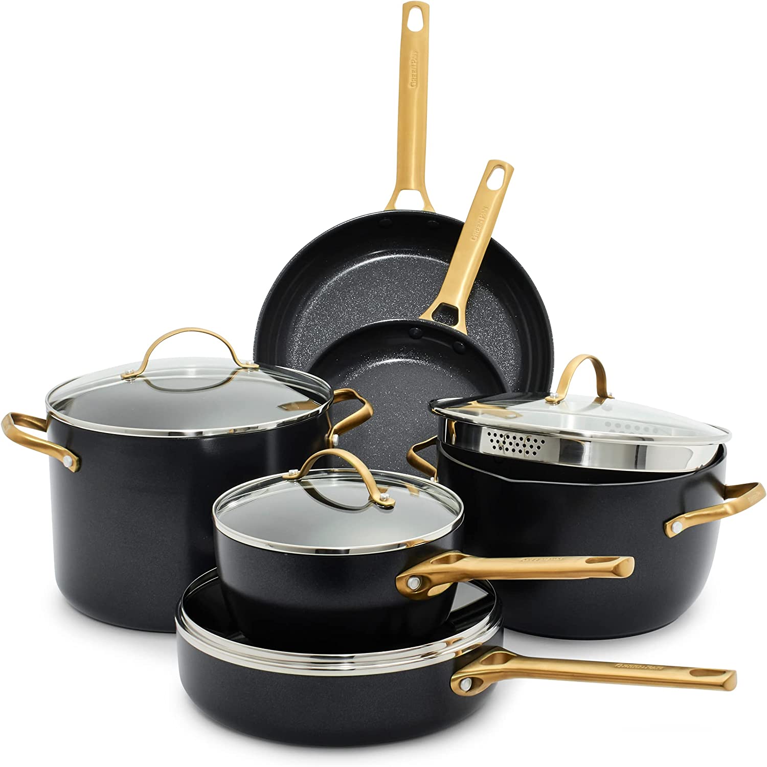 GreenPan Reserve 10 Piece Cookware Pots and Pans Set, Gold Handle, Bla