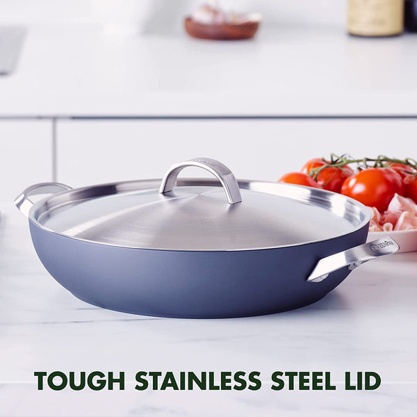 GreenPan Paris Pro Hard Anodized Healthy Ceramic Nonstick, 11" Everyday Frying Pan Skillet with 2 Handles and Stainless Steel Lid, PFAS-Free, Dishwasher Safe, Grey