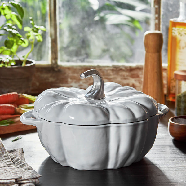 Staub Cast Iron - Specialty Shaped Cocottes 3.5-Qt Pumpkin Cocotte - White W/ Stainless Knob