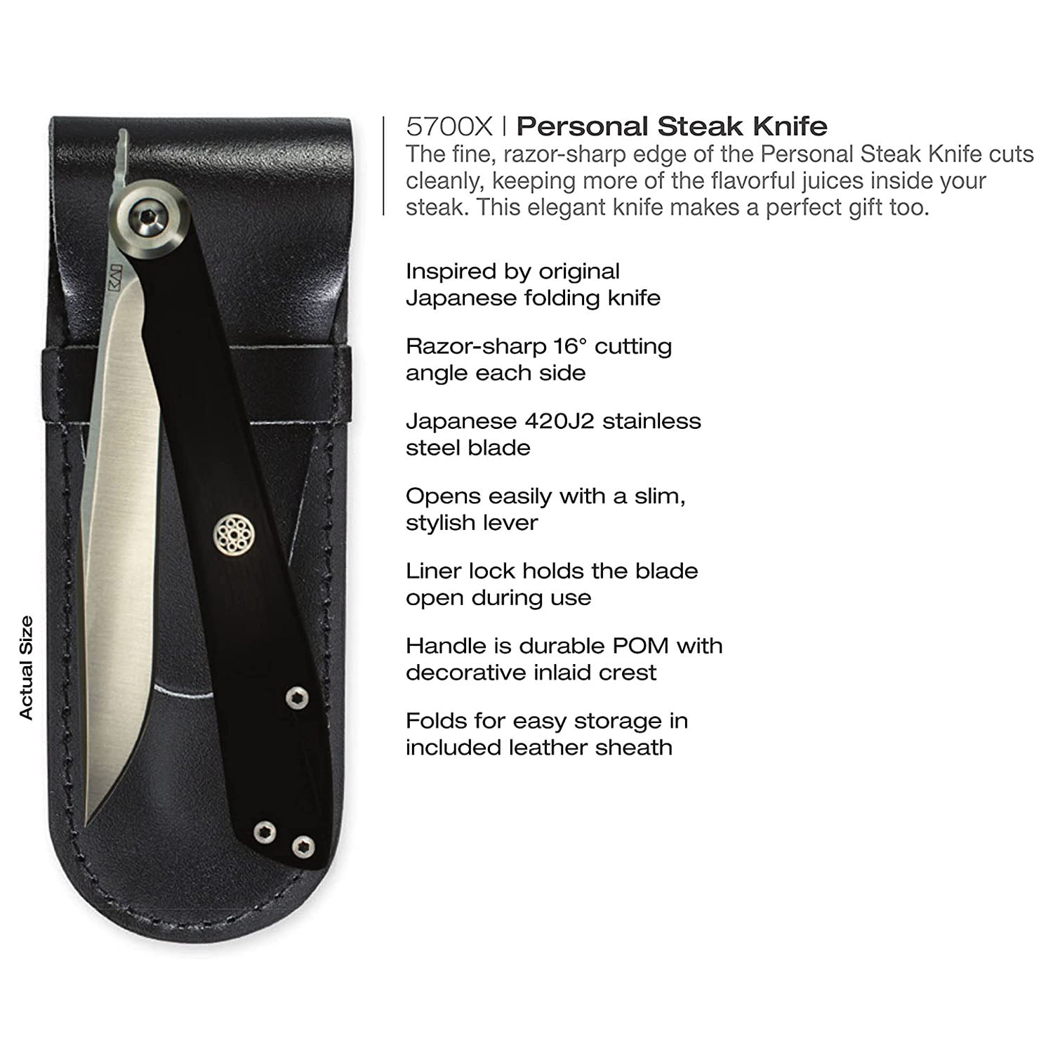 Kai Personal Steak/Gentleman's Knife, Manual Folding Japanese Pocketknife  with Leather Sheath, 3.25 Inch Blade, Silver, Black Handle, KAS5702, Pack  of