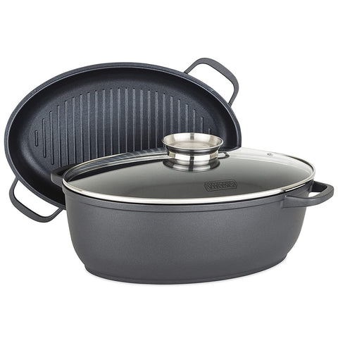 Viking Culinary 3-in-1 8.6 Qt Die Cast Oval Roaster with Glass Basting Lid, Gray
