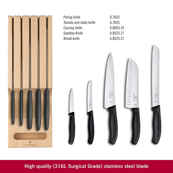 Victorinox Block Sets, Swiss Classic, 5-Piece Set with In-Drawer Knife Holder, Black
