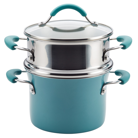 RACHAEL RAY CUCINA HARD ENAMEL 3-QUART COVERED MULTI-POT SET WITH STEAMER - AGAVE BLUE