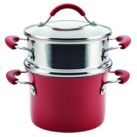RACHAEL RAY CUCINA HARD ENAMEL 3-QUART COVERED MULTI-POT SET WITH STEAMER - CRANBERRY RED