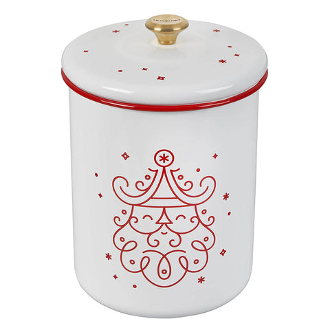 Le Creuset Noel Collection: Cookie Jar - White with Cerise Applique and Gold Knob